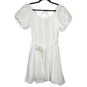 Innika Choo White Embroidered Floral Puff Sleeve Full Button Madonna Mini Dress